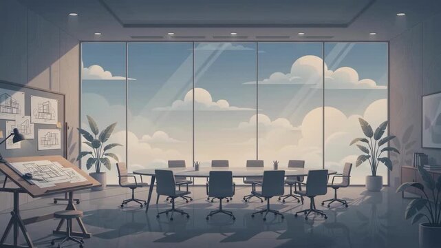 Modern office interior with large windows overlooking a cloudy sky, featuring a conference table and drafting desk.