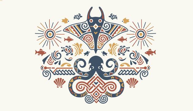 Symmetrical tribal-style illustration featuring a stingray and an octopus surrounded by fish turtles and sun motifs.