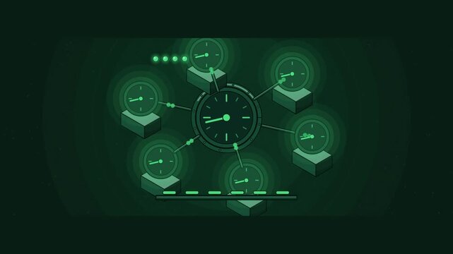 Abstract animated distributed clocks pulling into sync drawn as green and teal lines and shapes on a deep dark background. Seamless looping 4K motion graphics video with free space for text, ideal for