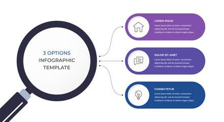 Fototapeta na wymiar Three option infographic template with a magnifying glass and thin line connectors. 3 options chart or diagram for business search or analysis. Vector template