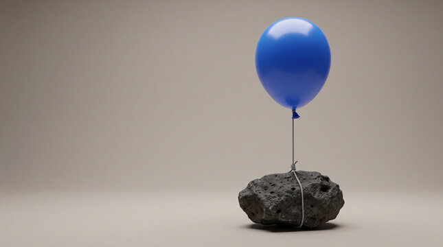 Blue balloon anchored by heavy stone symbolizing market constraints debt burden and economic challenges