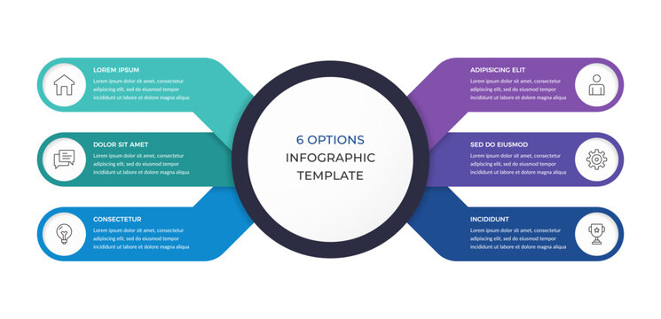 Infographic template with six panels arranged in two vertical columns flanking a central circle, useful for presenting options, features, or categories