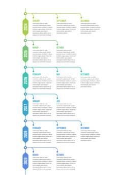 Six year vertical timeline infographic template with yearly markers and branching connectors leading to two or three dated milestone panels per year. 6-year roadmap diagram or chart organising events 