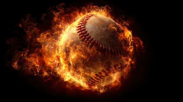 Baseball engulfed in flames flying through dark background, powerful sports concept showing speed energy and intensity for competitive game design