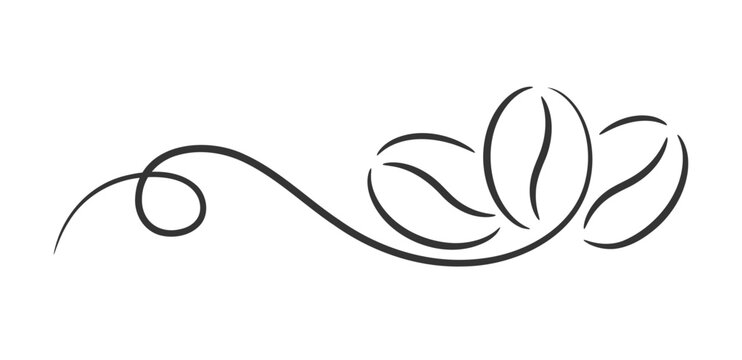 Three coffee beans with an elegant calligraphic swirl line, suitable for cafe branding and menu layouts