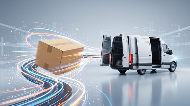 Express delivery concept featuring a shipping package and delivery van with dynamic motion effects.
