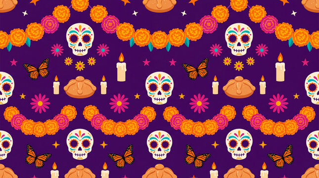 Vibrant Day of the Dead pattern background with marigold garlands, sugar skulls, butterflies, candles and pan de muerto for posters and flyers.