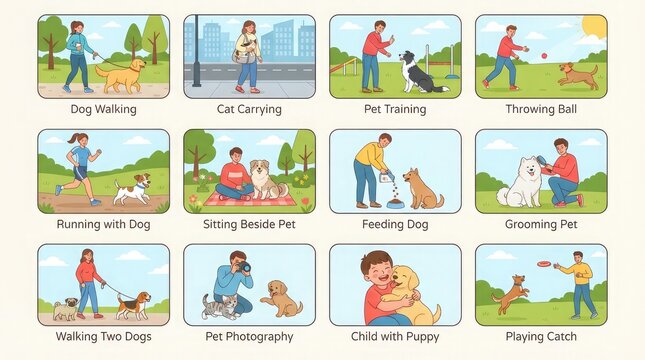A collection of twelve educational illustrations showing various daily activities and interactions between people and their pet dogs in different outdoor and indoor