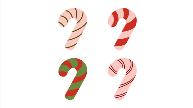 Four flat vector candy canes in pink, red and green stripes, cute hand-drawn holiday illustration on white background for Christmas design