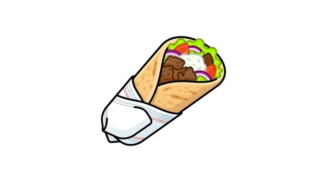 Cute cartoon illustration of a delicious shawarma or gyro wrap with meat, vegetables, and sauce wrapped in pita bread.