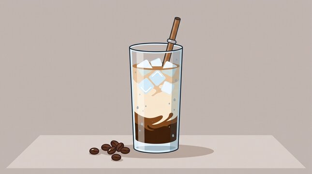 Refreshing iced latte with layered espresso, creamy milk and ice cubes in a transparent glass, presented as a clean modern flat illustration.
