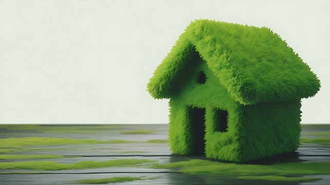 A small house model covered in thick green moss sitting on a dark wooden surface against a plain light background, symbolizing eco-friendly living