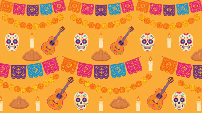 Lively Day of the Dead pattern background with papel picado, marigold garlands, sugar skulls, candles, guitars and pan de muerto for banners.
