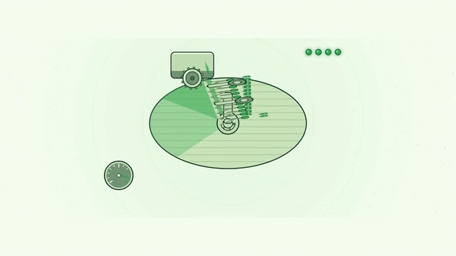 Abstract animated pivot irrigator sweeping the field drawn as green and teal lines and shapes on a bright, clean light background. Seamless looping 4K motion graphics video with free space for text, i