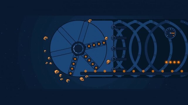 Abstract animated tunnel boring cutterhead grinding forward drawn as blue and cyan lines and shapes on a deep dark background. Seamless looping 4K motion graphics video with free space for text, ideal