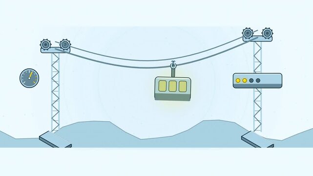 Abstract animated cable car crossing its span drawn as cyan and teal lines and shapes on a bright, clean light background. Seamless looping 4K motion graphics video with free space for text, ideal for