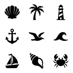 Fototapeta premium Collection of Nautical and Marine Symbols Including Shells Palm Tree Lighthouse and Crab.