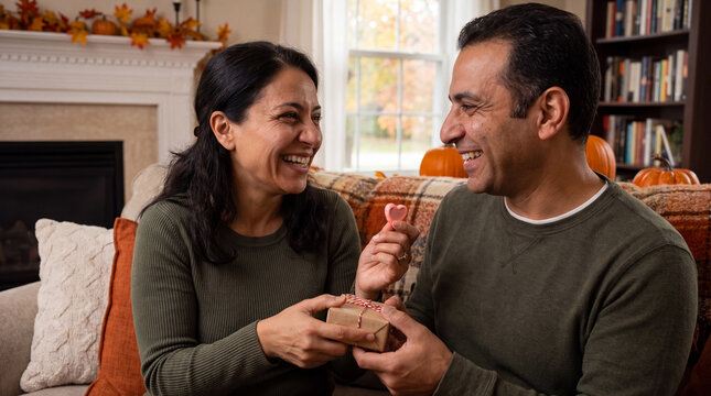A cozy Middle Eastern couple exchanging candy and gifts at home for Sweetest Day, perfect for romantic autumn marketing content.