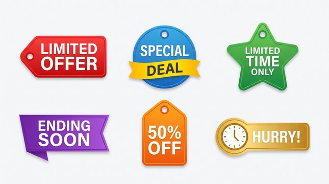 Set of colorful sale tags, promotional badges, discount stickers, limited offer labels, isolated on white background