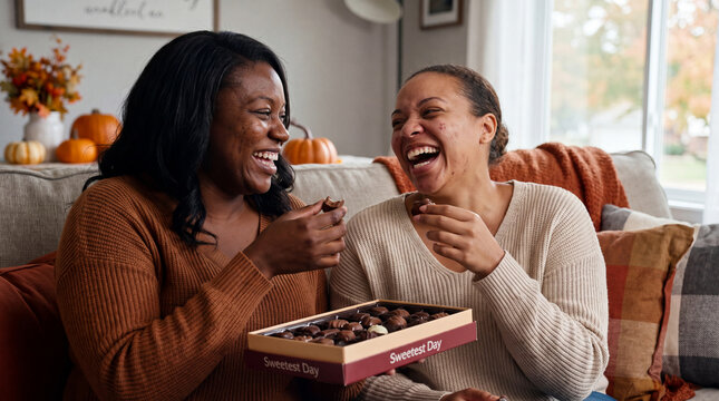 Two happy African American friends sharing chocolates and laughing at home for Sweetest Day, perfect for friendship marketing content.
