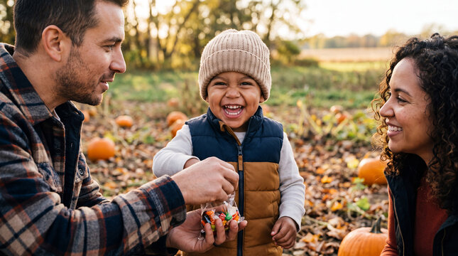 A delighted Hispanic family giving candy to a laughing toddler at a pumpkin patch for Sweetest Day, ideal for autumn marketing banners.