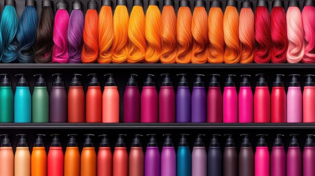 Vibrant coily hair swatches displayed above rows of colorful hair dye bottles.
