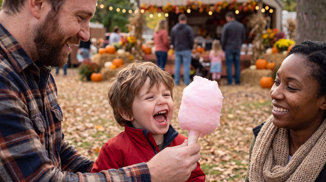A cheerful Caucasian family giving cotton candy to a laughing child at an autumn fair for Sweetest Day, ideal for family marketing posts.