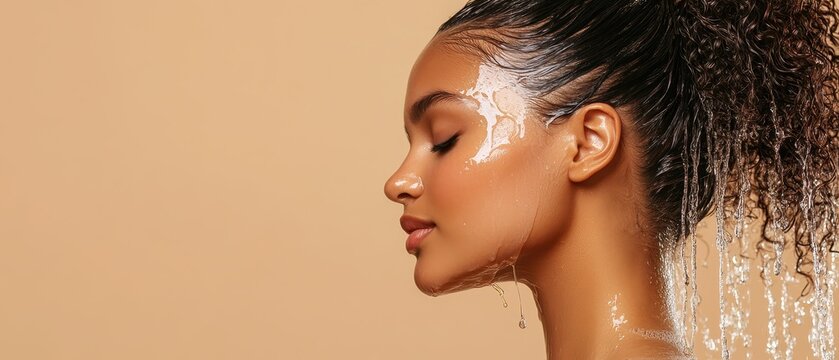 Woman with wet coily hair and water streams flowing down her face, profile view, serene expression, smooth skin, isolated on neutral background.