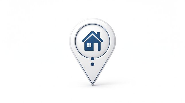 3D white map pin pointer with blue house icon isolated on white background real estate location concept