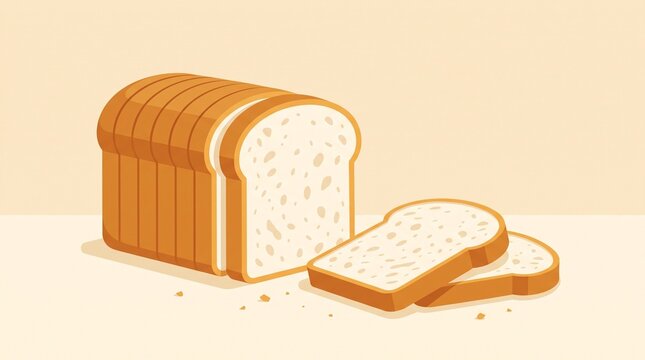 Fresh sliced white bread loaf with fluffy texture and golden crust, minimalist flat illustration with warm bakery styling and clean negative space.