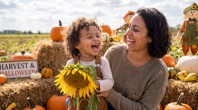 A warm Mediterranean mother and toddler holding a sunflower in a pumpkin patch for autumn, great for seasonal social media posts.