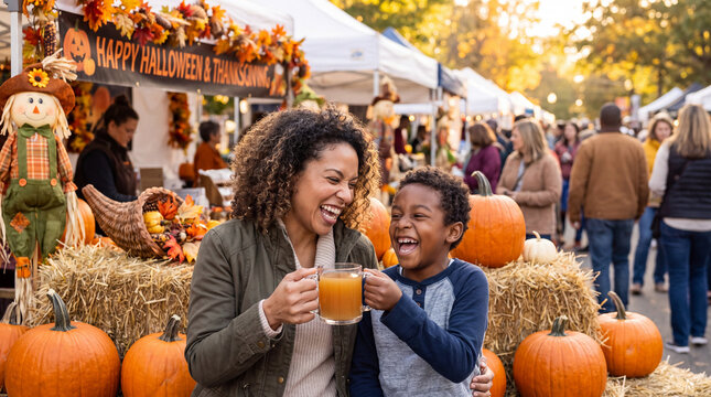 A joyful mixed-race mother and child toasting with cider mugs at a lively autumn festival, great for seasonal campaign banners.