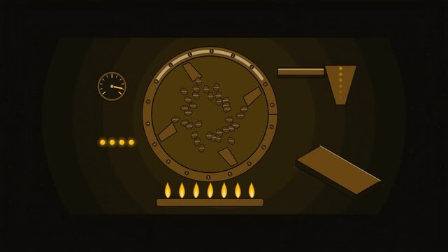 Abstract animated beans tumbling in a roasting drum drawn as amber and orange lines and shapes on a deep dark background. Seamless looping 4K motion graphics video with free space for text, ideal for 