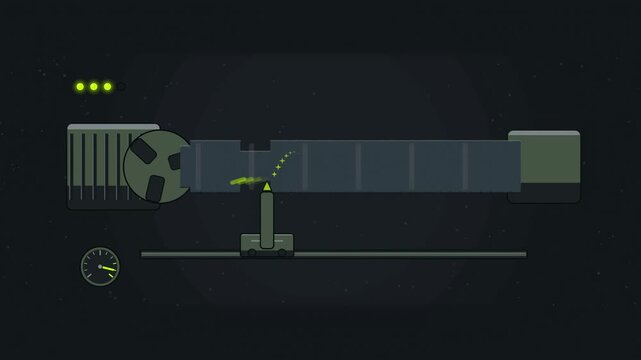 Abstract animated lathe turning down a shaft drawn as green and teal lines and shapes on a deep dark background. Seamless looping 4K motion graphics video with free space for text, ideal for industry 