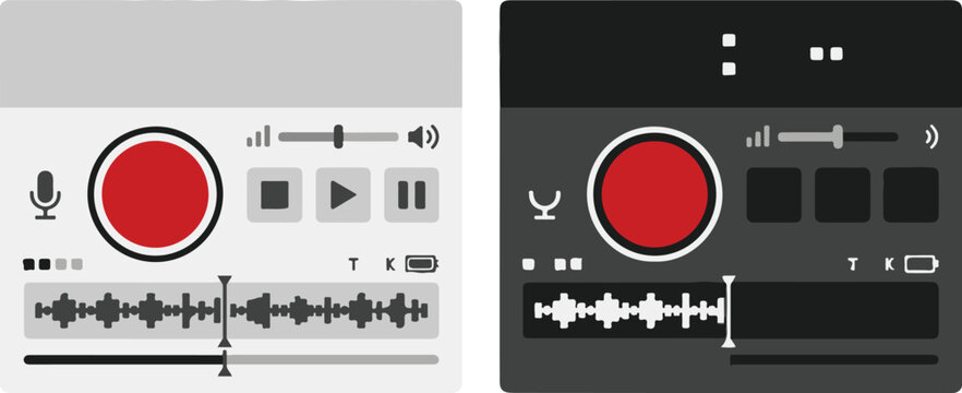 Podcast recording interface design, digital voice memo user interface, minimalist sound recorder icon set, voice note application with waveform, communication technology symbol isolated PNG with