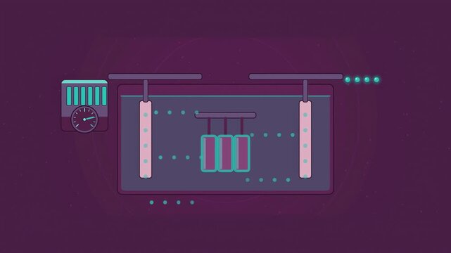 Abstract animated metal plating out in an electroplating bath drawn as violet and blue lines and shapes on a deep dark background. Seamless looping 4K motion graphics video with free space for text, i
