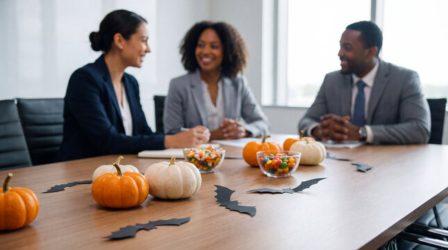 Halloween-decorated conference table with pumpkins and paper bats for corporate meeting and digital marketing visuals.