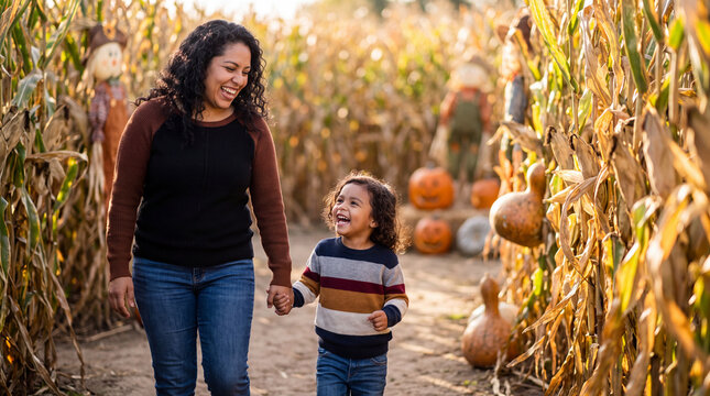 A laughing Latino mother and toddler walking through a corn maze on a sunny autumn day, great for fall family marketing content.
