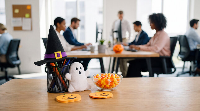 Halloween office desk with witch hat mug, ghost plush and candy corn for blog and e-commerce seasonal visuals.