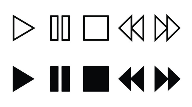 Minimalist media player control interface set. Audio and video navigation symbols. Flat vector play, pause, stop, fast forward and rewind buttons for app design isolated PNG with Transparent