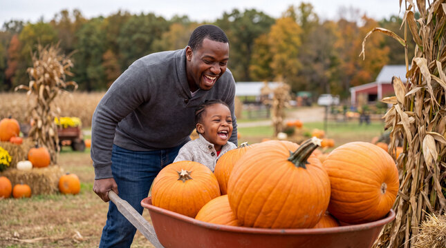 A delighted Black father and child pushing a wheelbarrow full of pumpkins at an autumn farm, ideal for seasonal advertising banners.