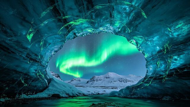 Northern Lights viewed through a glowing ice cave tunnel, aurora borealis over snow-covered mountains reflected in icy water, surreal winter landscape, ethereal blue and green tones, nature&rsquo;s magic fr