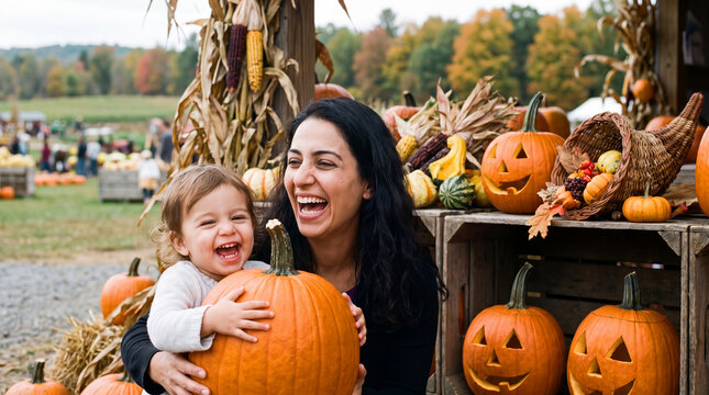 A happy Middle Eastern mother and child holding a pumpkin at a rustic fall farm stand, great for autumn marketing and promotion.