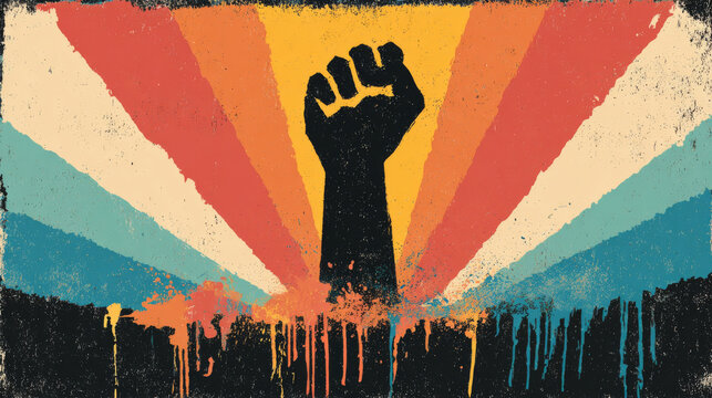 Raised fist protest revolution freedom solidarity activist retro grunge Powerful raised fist protest poster with retro sunburst rays