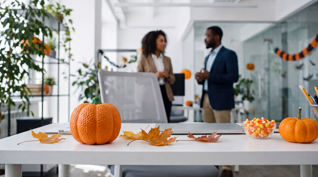 Close-up of a Halloween office desk with a pumpkin stress ball and autumn leaves for blog and seasonal marketing.