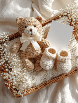 Crocheted teddy bear with bow and baby booties in wicker basket with knitted blanket and dried flowers, soft warm tones evoke comfort and care