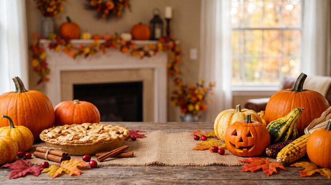 A cozy autumn harvest table with pumpkins, pies and colorful leaves, perfect for Thanksgiving and Halloween marketing visuals.