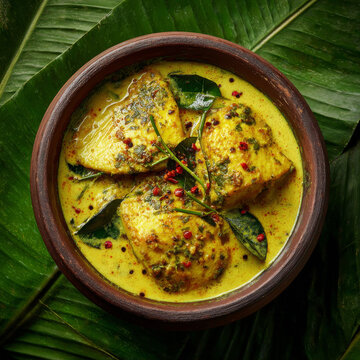Traditional clay bowl holds creamy yellow fish curry garnished with green leaves and red peppercorns, placed on fresh green banana leaves
