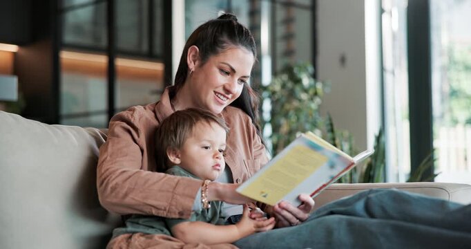 Reading, book and mom with child in home, education or language development with literature on sofa. Family, love and happy woman with story, knowledge and fine motor skills for toddler in house
