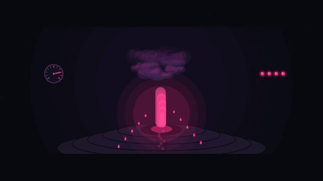 Abstract animated geyser building up and erupting drawn as coral and magenta lines and shapes on a deep dark background. Seamless looping 4K motion graphics video with free space for text, ideal for s